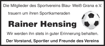 Traueranzeige von Rainer Hensing von Super Sonntag Zeitz