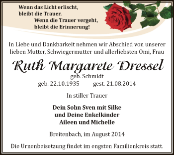 Traueranzeige von Ruth Margarete Dressel von Super Sonntag Zeitz