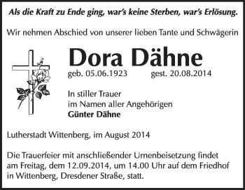 Traueranzeige von Dora Dähne von WVG - Wochenspiegel Wittenberg