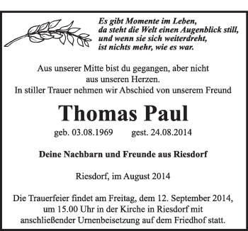 Traueranzeige von Thomas Paul von Super Sonntag Dessau / Köthen