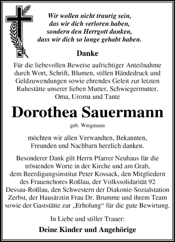 Traueranzeige von Dorothea Sauermann von Super Sonntag Dessau / Köthen