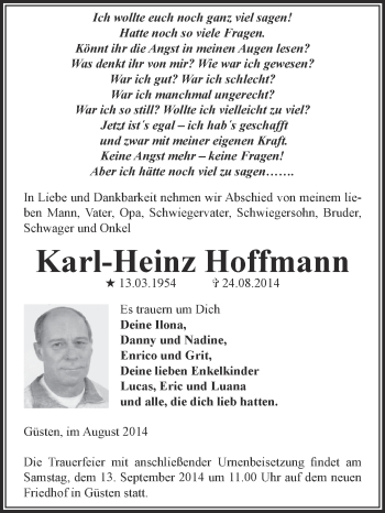 Traueranzeige von Karl-Heinz Hoffmann von Super Sonntag Bernburg
