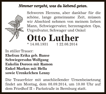 Traueranzeige von Otto Luther von Super Sonntag Bernburg