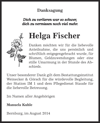 Traueranzeige von Helga Fischer von Super Sonntag Bernburg
