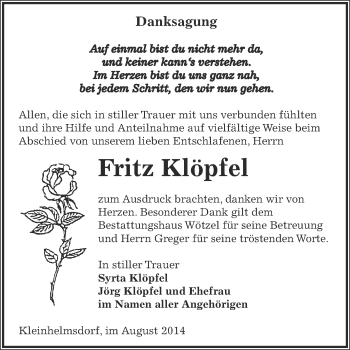 Traueranzeige von Fritz Klöpfel von Super Sonntag Zeitz