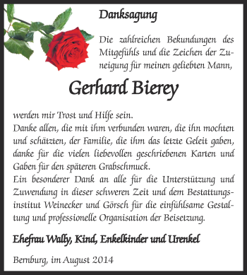 Traueranzeige von Gerhard Bierey von Super Sonntag Bernburg