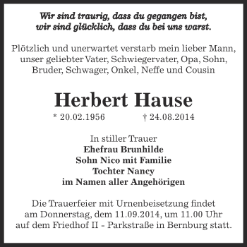 Traueranzeige von Herbert Hause von Super Sonntag Bernburg
