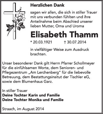 Traueranzeige von Elisabeth Thamm von Super Sonntag Wittenberg