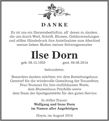 Traueranzeige von Ilse Dorn von Super Sonntag Aschersleben