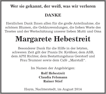 Traueranzeige von Margarete Hebestreit von Super Sonntag Aschersleben