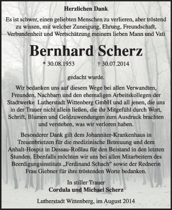 Traueranzeige von Bernhard Scherz von WVG - Wochenspiegel Wittenberg