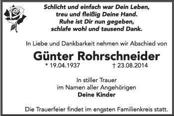 Traueranzeige von Günter Rohrschneider von Super Sonntag Dessau / Köthen
