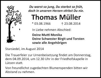 Traueranzeige von Thomas Müller von WVG - Wochenspiegel Merseburg