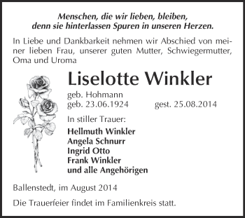 Traueranzeige von Liselotte Winkler von WVG - Wochenspiegel Quedlinburg