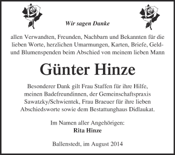 Traueranzeige von Günter Hinze von WVG - Wochenspiegel Quedlinburg