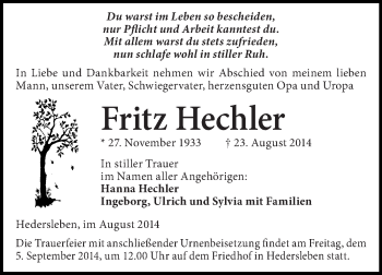 Traueranzeige von Fritz Hechler von WVG - Wochenspiegel Quedlinburg