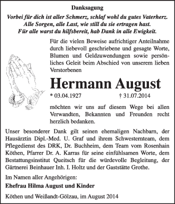 Traueranzeige von Hermann August von Super Sonntag Dessau / Köthen