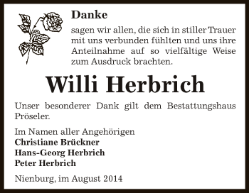 Traueranzeige von Willi Herbrich von Super Sonntag Bernburg