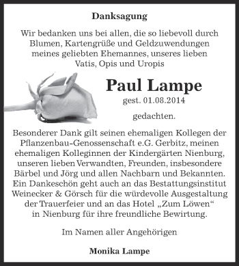 Traueranzeige von Paul Lampe von Super Sonntag Bernburg