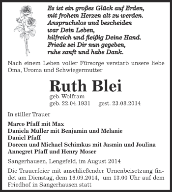 Traueranzeige von Ruth Blei von Super Sonntag SGH Mansf. Land