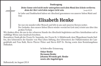 Traueranzeige von Elisabeth Henke von WVG - Wochenspiegel Quedlinburg