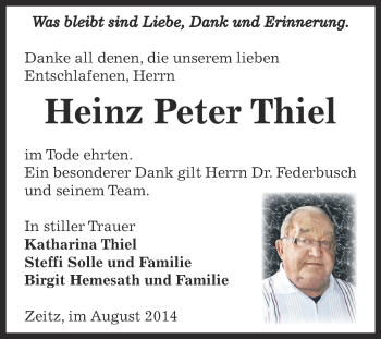 Traueranzeige von Heinz Peter Thiel von Super Sonntag Zeitz