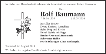 Traueranzeige von Rolf Baumann von Super Sonntag Zeitz