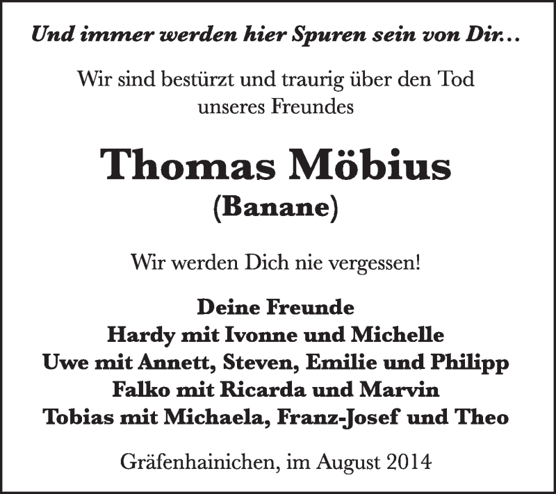  Traueranzeige für Thomas Möbius vom 31.08.2014 aus Super Sonntag Wittenberg