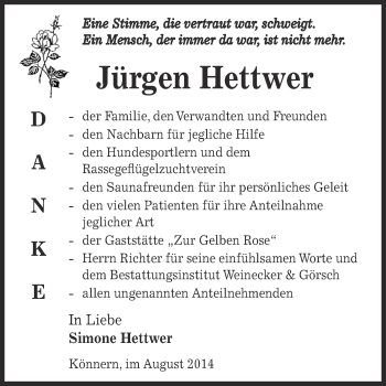 Traueranzeige von Jürgen Hettwer von Super Sonntag Bernburg