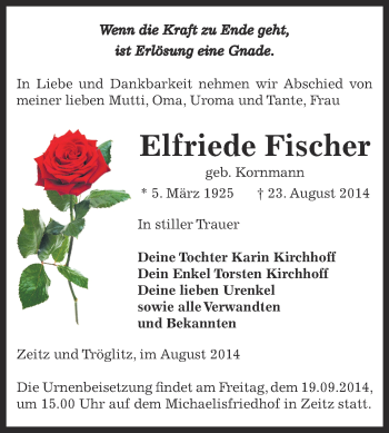 Traueranzeige von Elfriede Fischer von Super Sonntag Zeitz