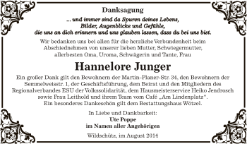 Traueranzeige von Hannelore Junger von Super Sonntag Zeitz
