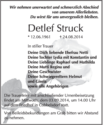 Traueranzeige von Detlef Struck von WVG - Wochenspiegel Wittenberg