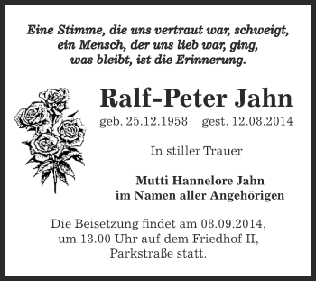Traueranzeige von Ralf-Peter Jahn von Super Sonntag Bernburg
