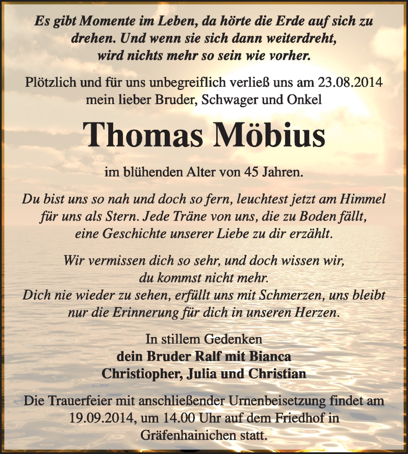  Traueranzeige für Thomas Möbius vom 31.08.2014 aus Super Sonntag Wittenberg