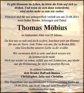 Traueranzeige von Thomas Möbius von Super Sonntag Wittenberg