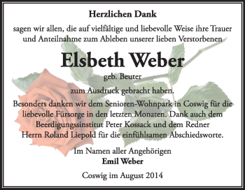 Traueranzeige von Elsbeth Weber von Super Sonntag Wittenberg