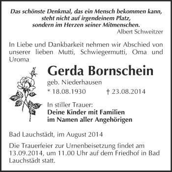 Traueranzeige von Gerda Bornschein von WVG - Wochenspiegel Merseburg