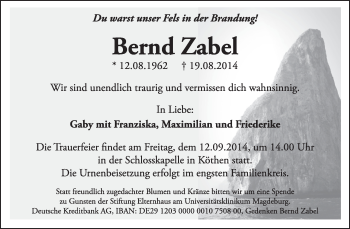 Traueranzeige von Bernd Zabel von Super Sonntag Dessau / Köthen