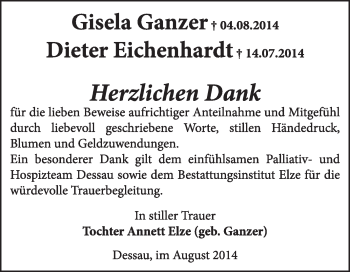 Traueranzeige von Gisela Ganzer von Super Sonntag Dessau / Köthen