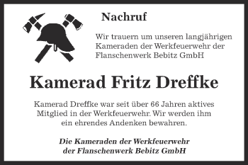 Traueranzeige von Fritz Dreffke von Super Sonntag Bernburg