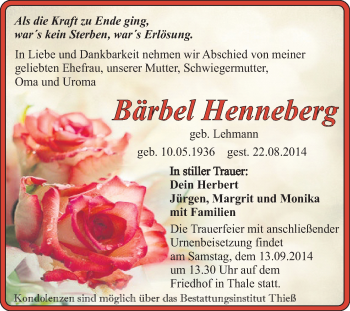 Traueranzeige von Bärbel Henneberg von Super Sonntag Quedlinburg