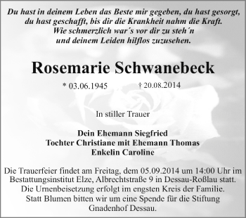 Traueranzeige von Rosemarie Schwanebeck von Super Sonntag Dessau / Köthen