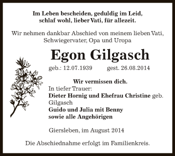 Traueranzeige von Egon Gilgasch von Super Sonntag Aschersleben