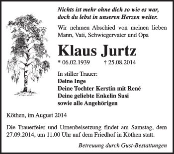 Traueranzeige von Klaus Jurtz von Super Sonntag Dessau / Köthen