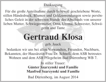Traueranzeige von Gertraud Klosa von Super Sonntag Merseburg