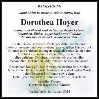 Traueranzeige von Dorothea Hoyer von Super Sonntag Aschersleben