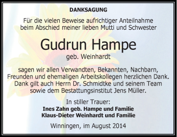Traueranzeige von Gudrun Hampe von Super Sonntag Aschersleben