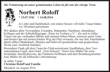 Traueranzeige von Norbert Roloff von Super Sonntag Aschersleben