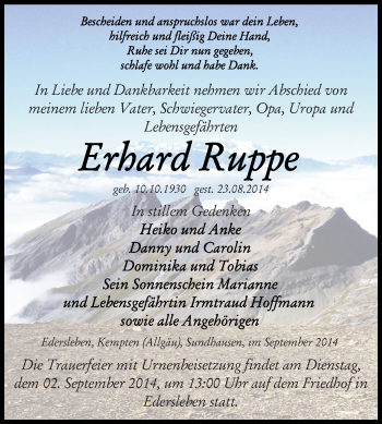 Traueranzeige von Erhard Ruppe von Super Sonntag SGH Mansf. Land