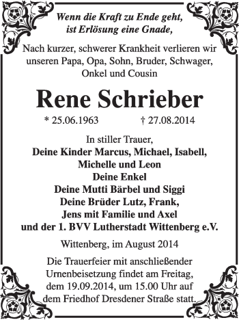 Traueranzeige von Rene Schrieber von Super Sonntag Wittenberg